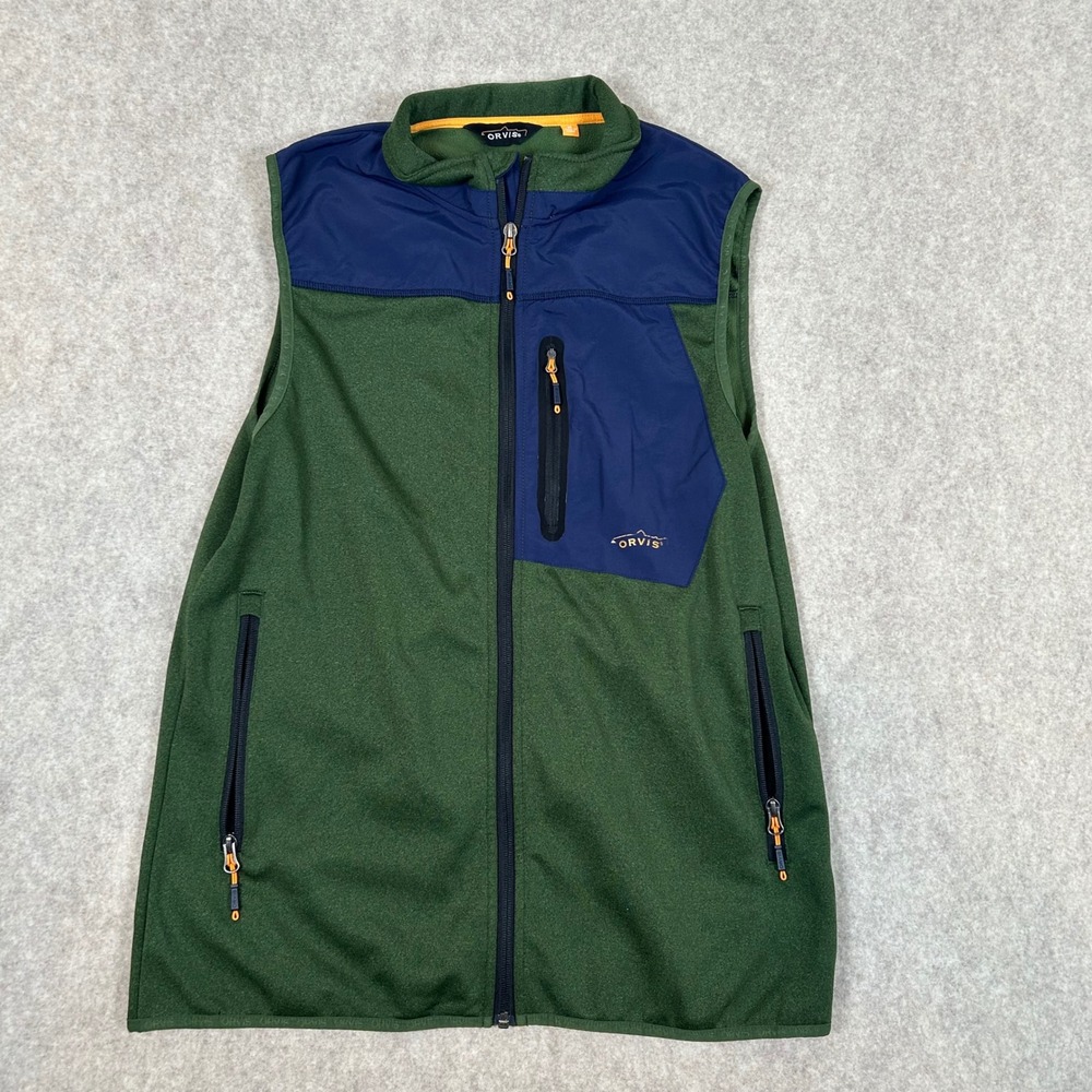 Orvis Fleece Vest Mens Medium Green Navy Blue Full Zip Outdoor 2LAZ